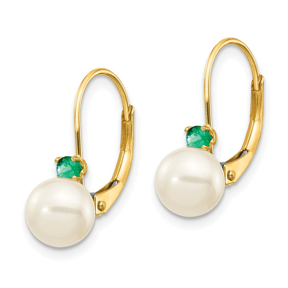 14k 6- White Round Freshwater Cultured Pearl and .14EM Emerald Leverback Earrings