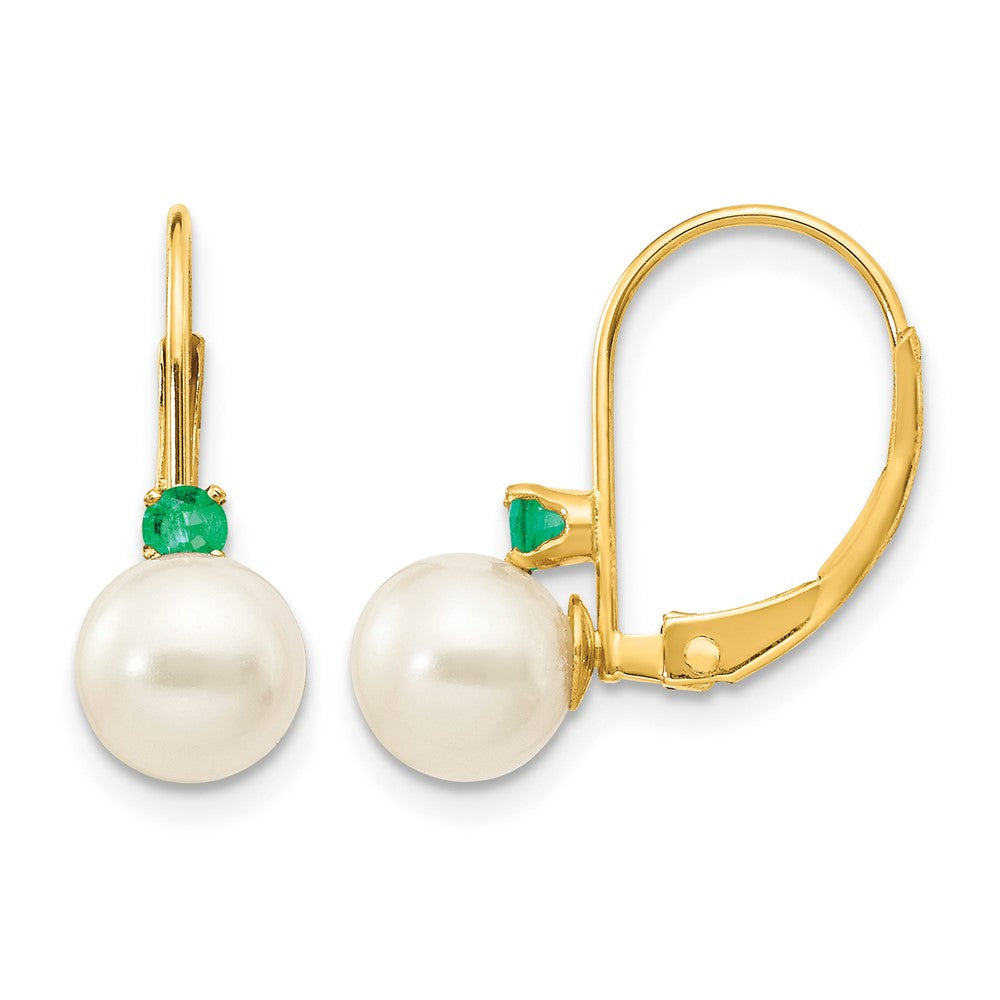 14k 6- White Round Freshwater Cultured Pearl and .14EM Emerald Leverback Earrings