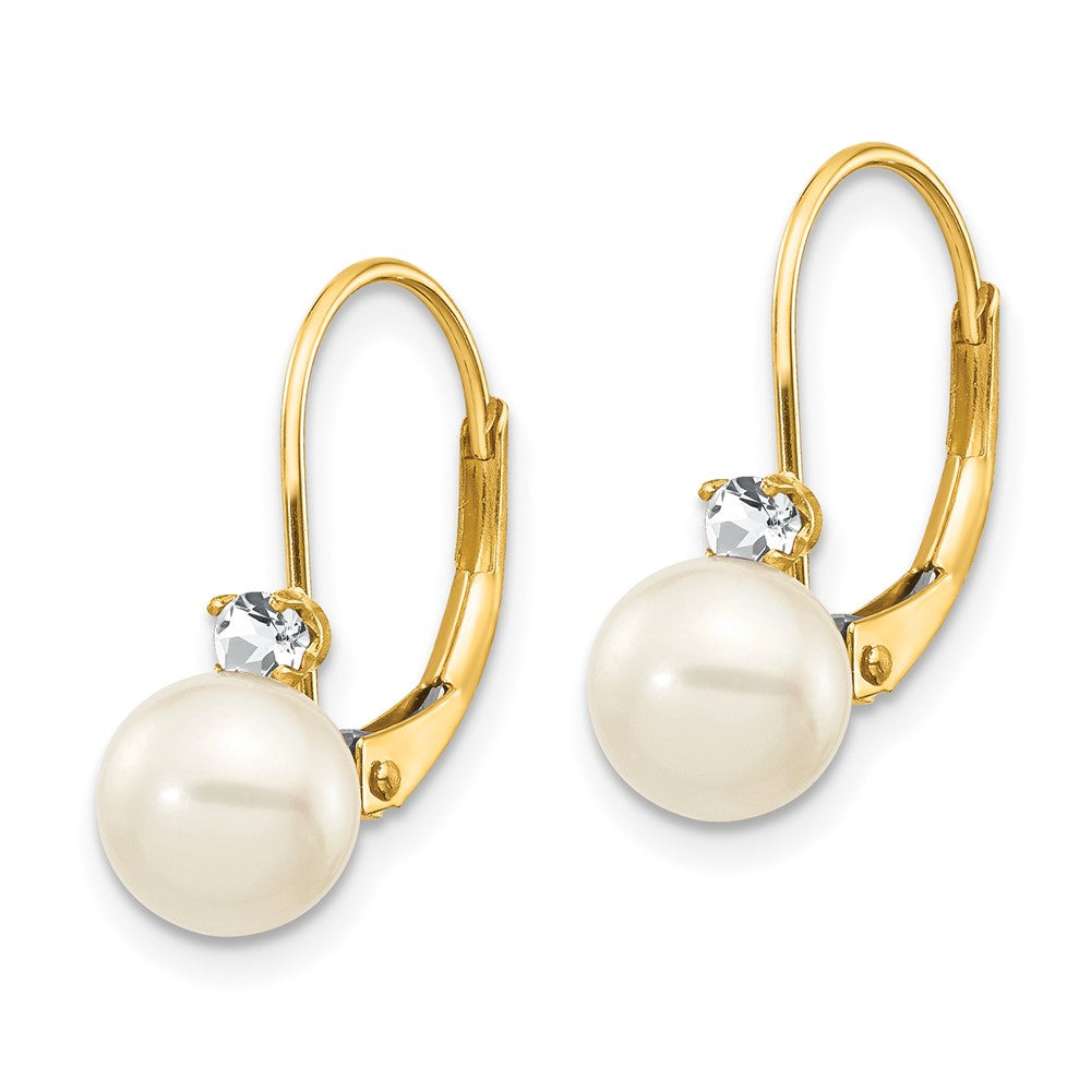 14k 6- White Near-Round Freshwater Cultured Pearl and .11 carat AA Diamond Leverback Earrings