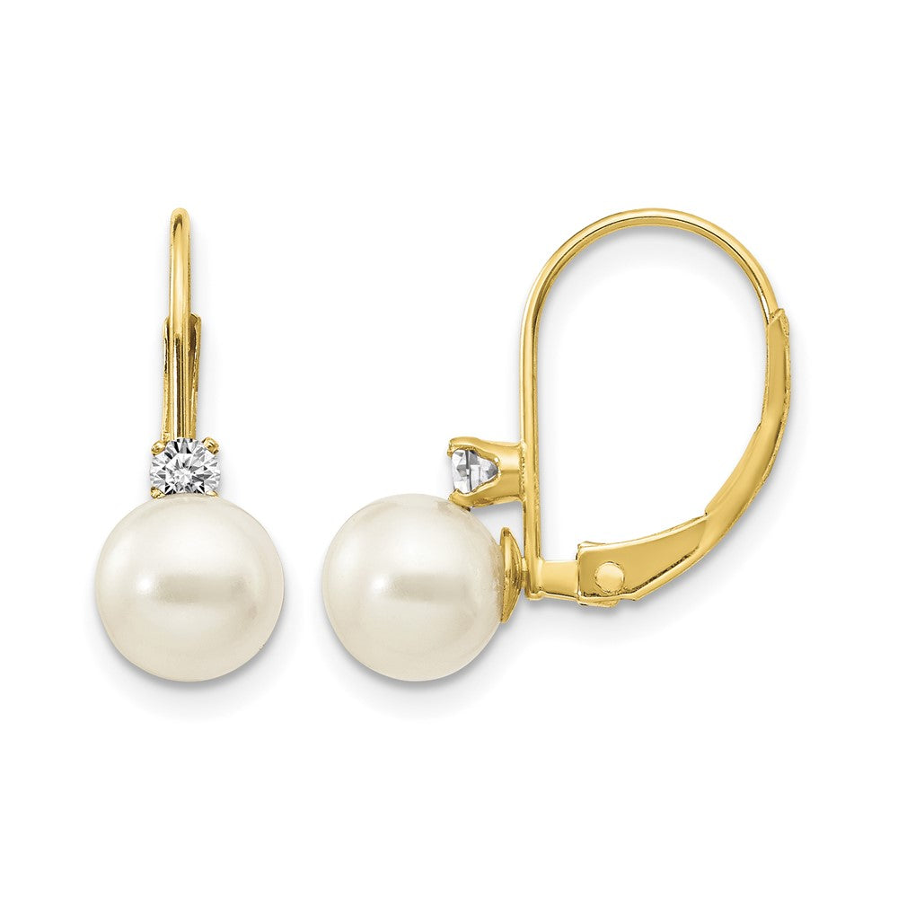 14k 6- White Near-Round Freshwater Cultured Pearl and .11 carat AA Diamond Leverback Earrings