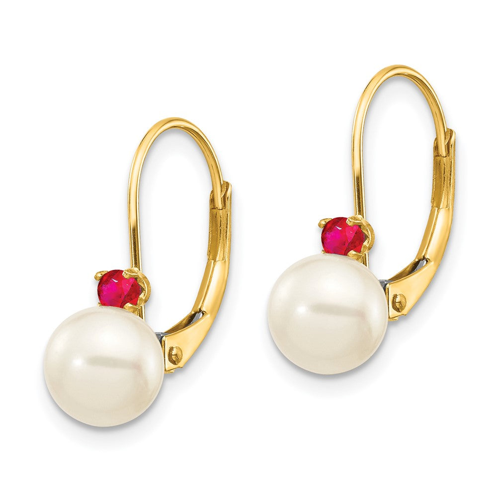 14k 6- White Round FW Cultured Pearl Ruby Leverback Earrings