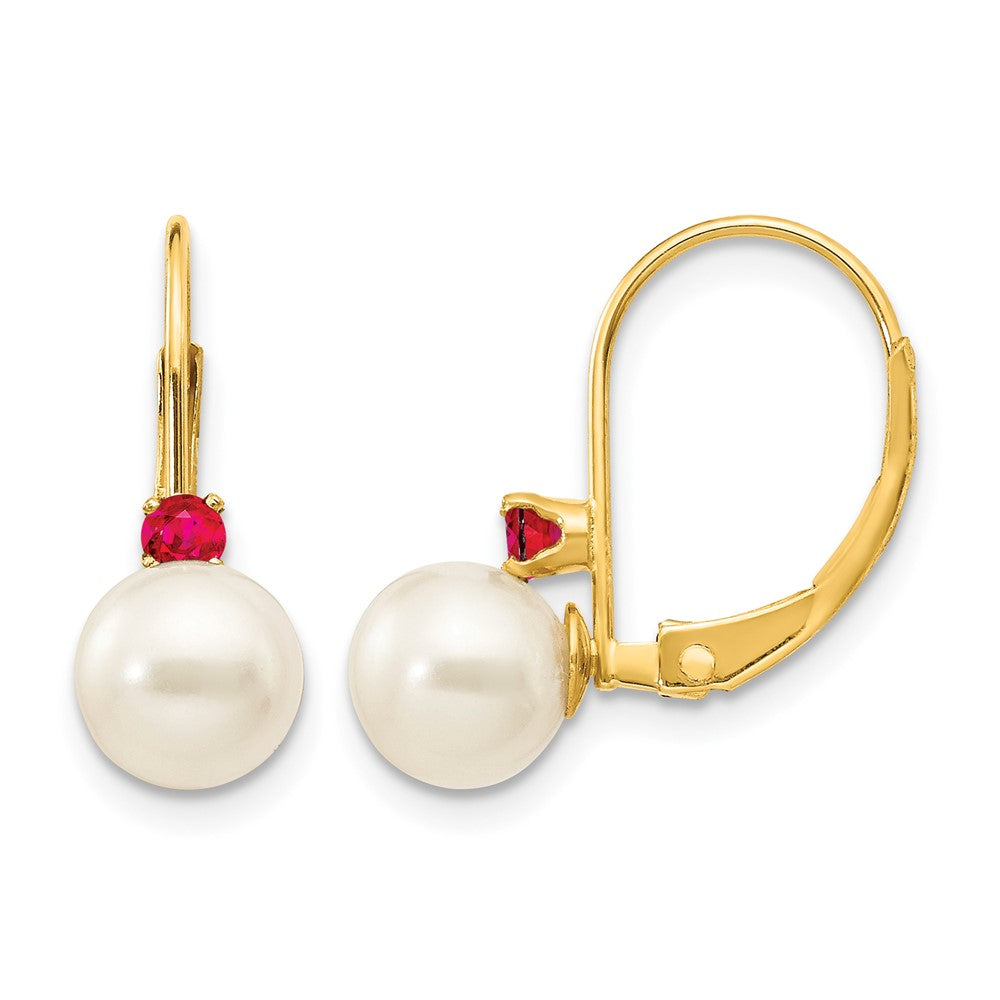 14k 6- White Round Freshwater Cultured Pearl and .18RU Ruby Leverback Earrings