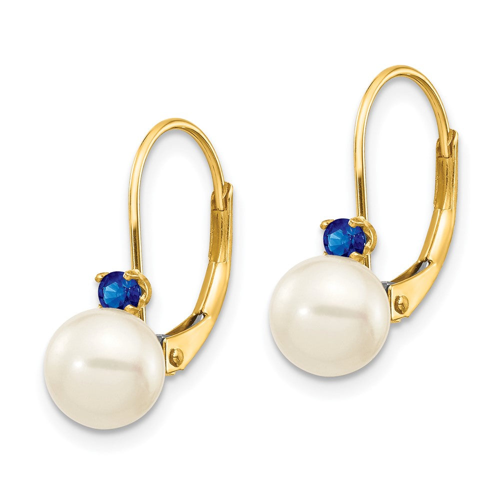 14k 6- White Round FW Cultured Pearl Sapphire Leverback Earrings