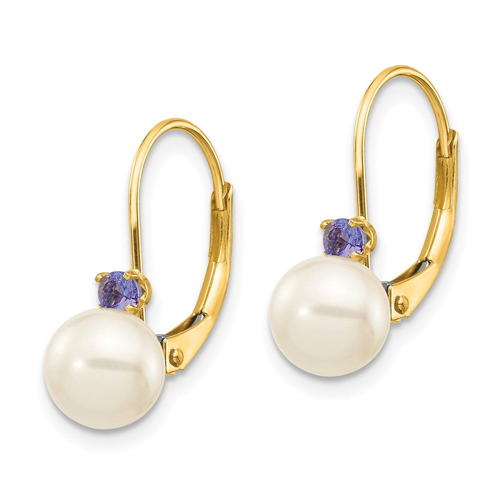 14k 6- White Round Freshwater Cultured Pearl and .14TZ Tanzanite Leverback Earrings