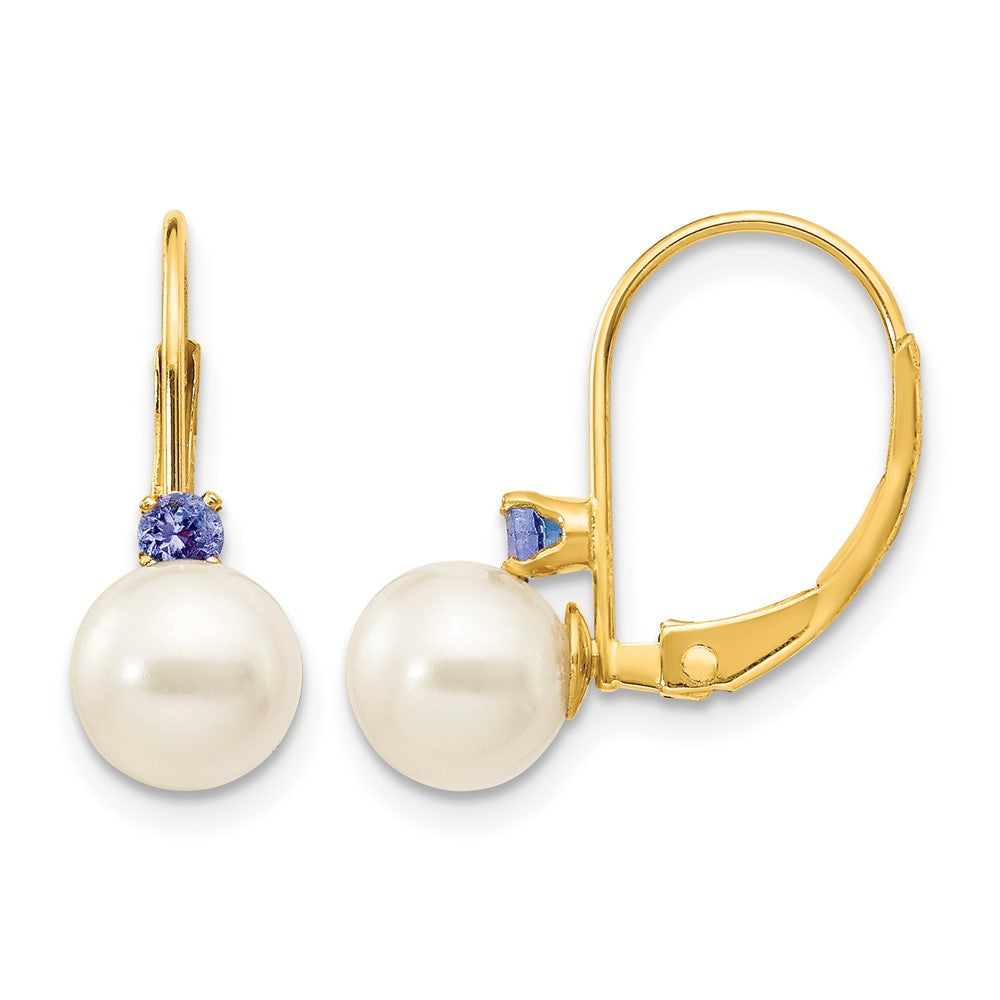 14k 6- White Round Freshwater Cultured Pearl and .14TZ Tanzanite Leverback Earrings