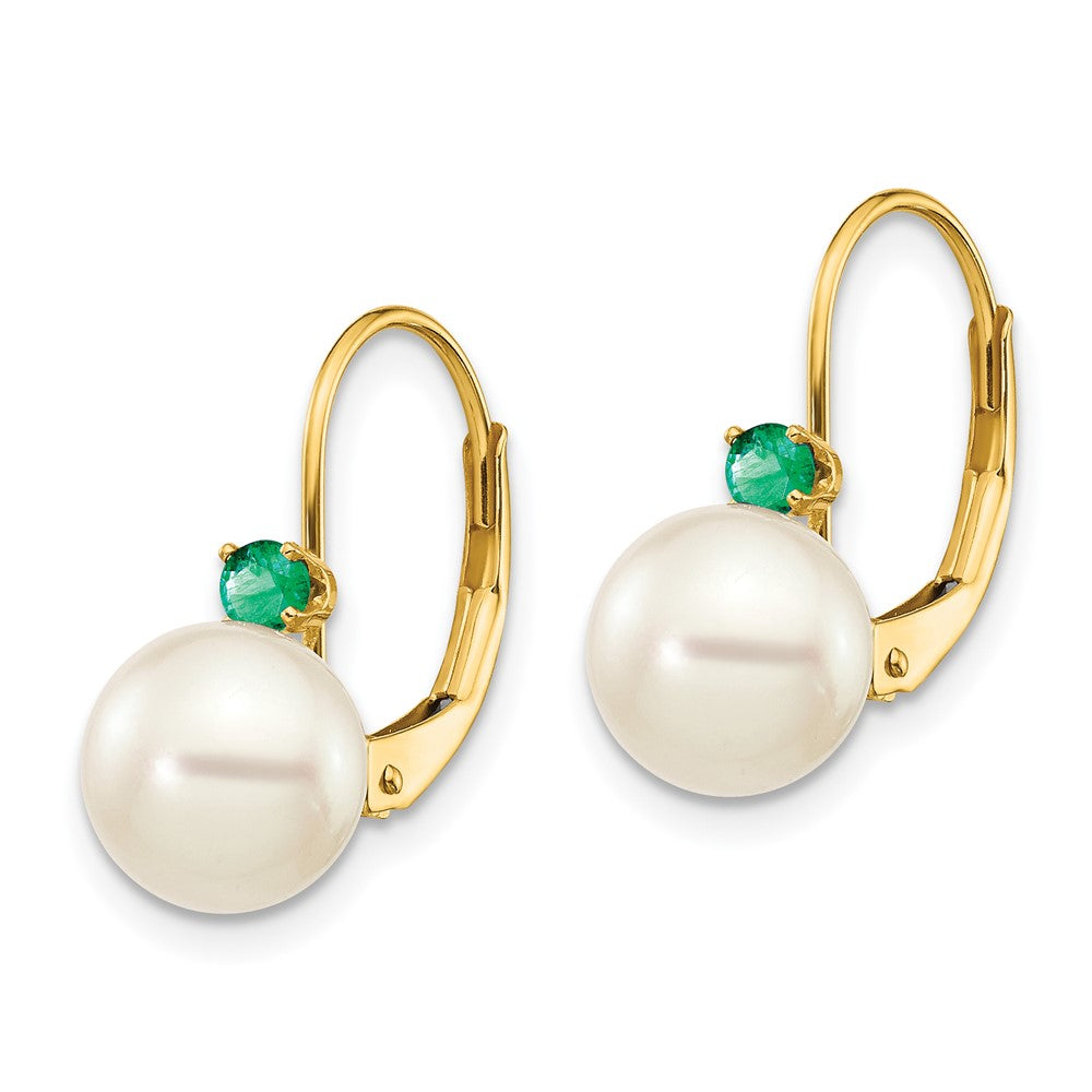14k 7- White Round FW Cultured Pearl Emerald Leverback Earrings