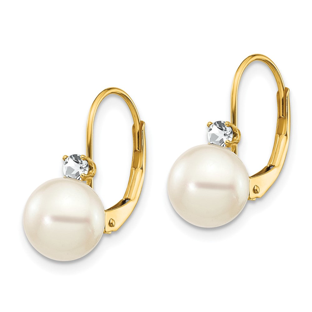 14k 7- White Near-Round Freshwater Cultured Pearl and .17 carat AA Diamond Leverback Earrings