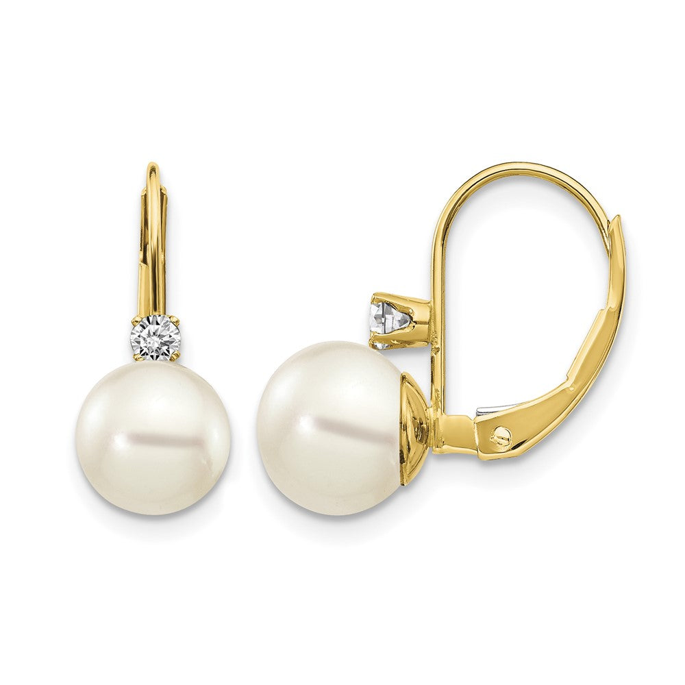 14k 7- White Near-Round Freshwater Cultured Pearl and .17 carat AA Diamond Leverback Earrings
