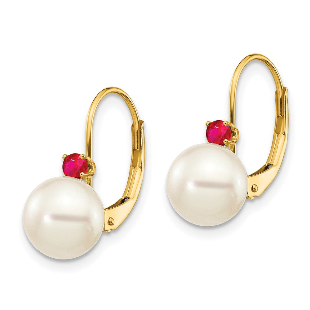 14k 7- White Round Freshwater Cultured Pearl and .24RU Ruby Leverback Earrings