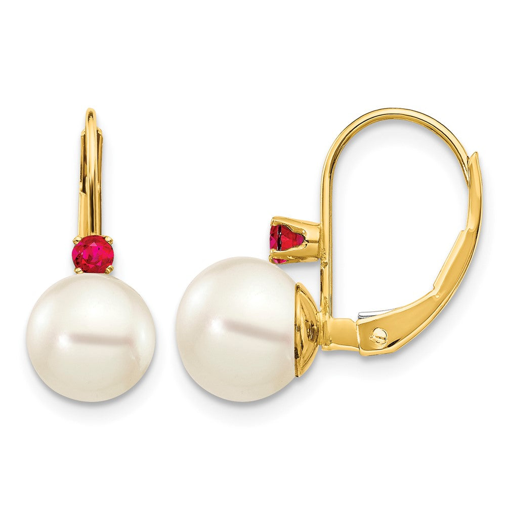 14k 7- White Round Freshwater Cultured Pearl and .24RU Ruby Leverback Earrings