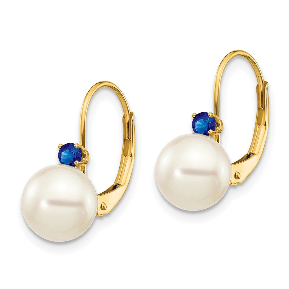 14k 7- White Round FW Cultured Pearl Sapphire Leverback Earrings