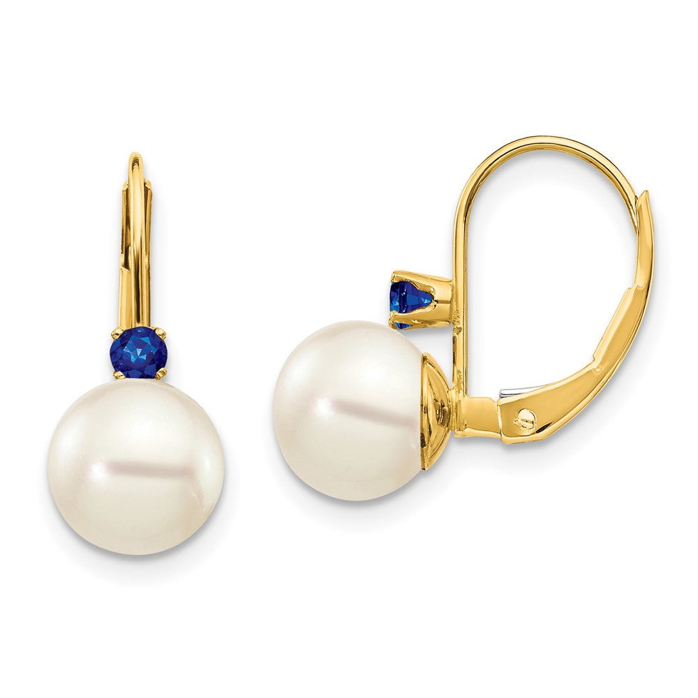14k 7- White Round FW Cultured Pearl Sapphire Leverback Earrings