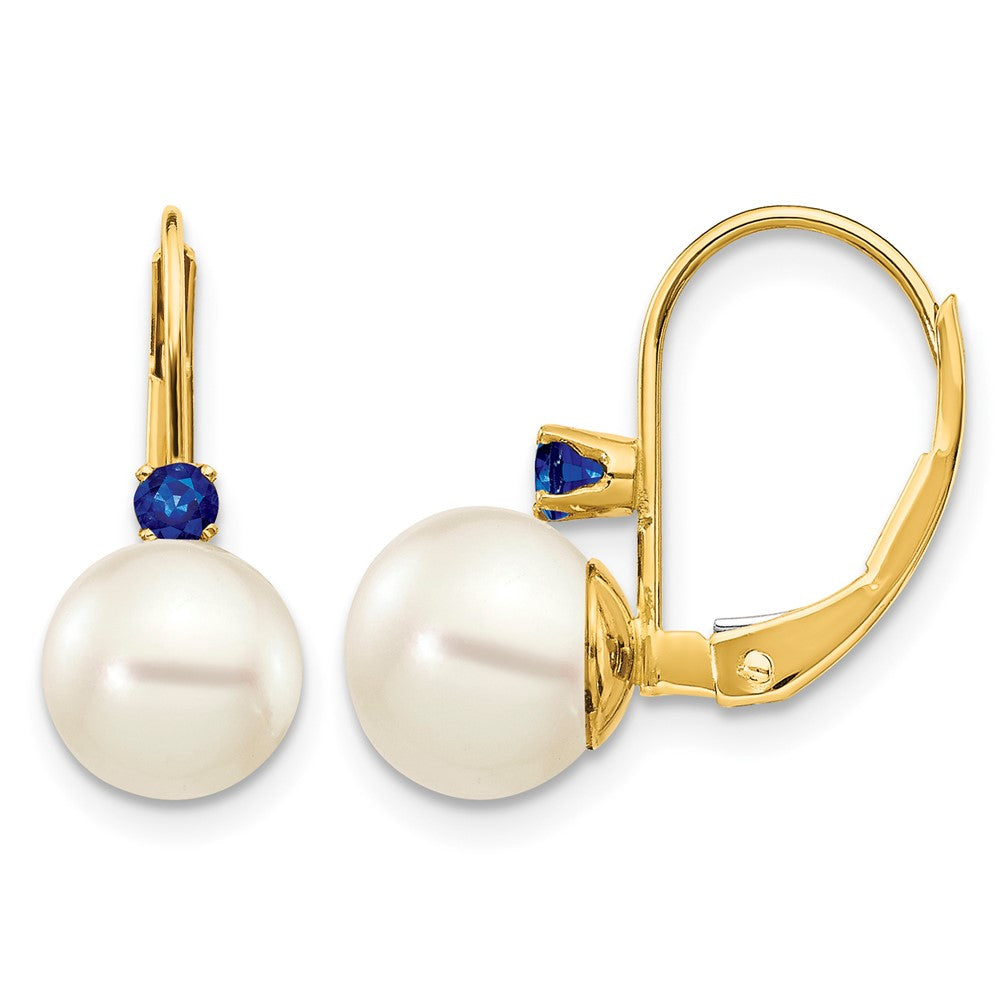 14k 7- White Round Freshwater Cultured Pearl and .26SA Sapphire Leverback Earrings