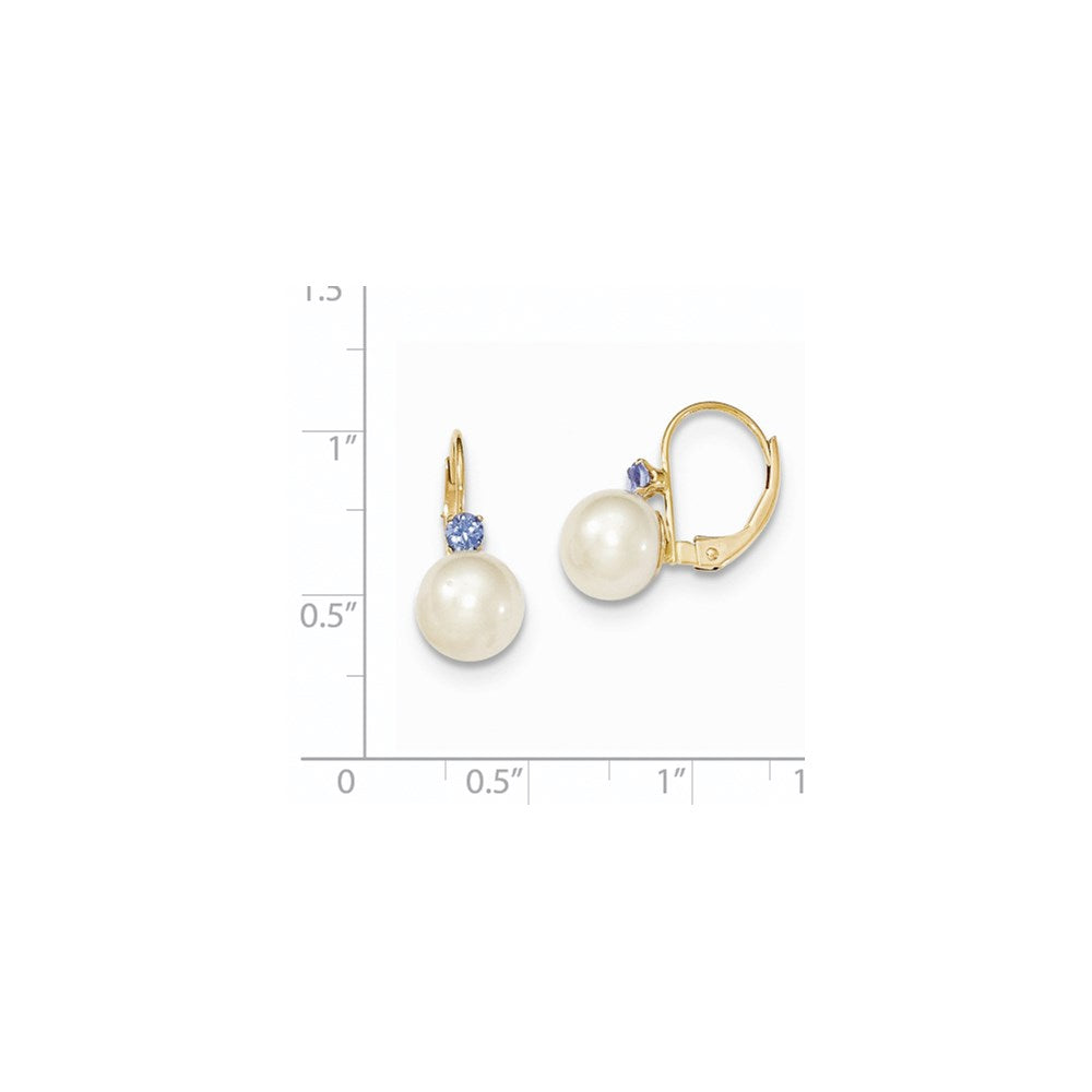 14k 7- White Round FW Cultured Pearl Tanzanite Leverback Earrings
