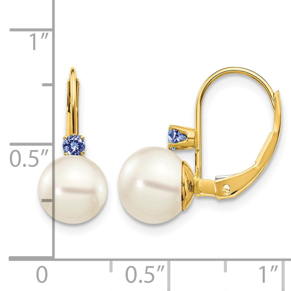 14k 7- White Round Freshwater Cultured Pearl and .18TZ Tanzanite Leverback Earrings