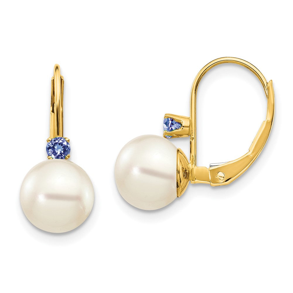 14k 7- White Round FW Cultured Pearl Tanzanite Leverback Earrings
