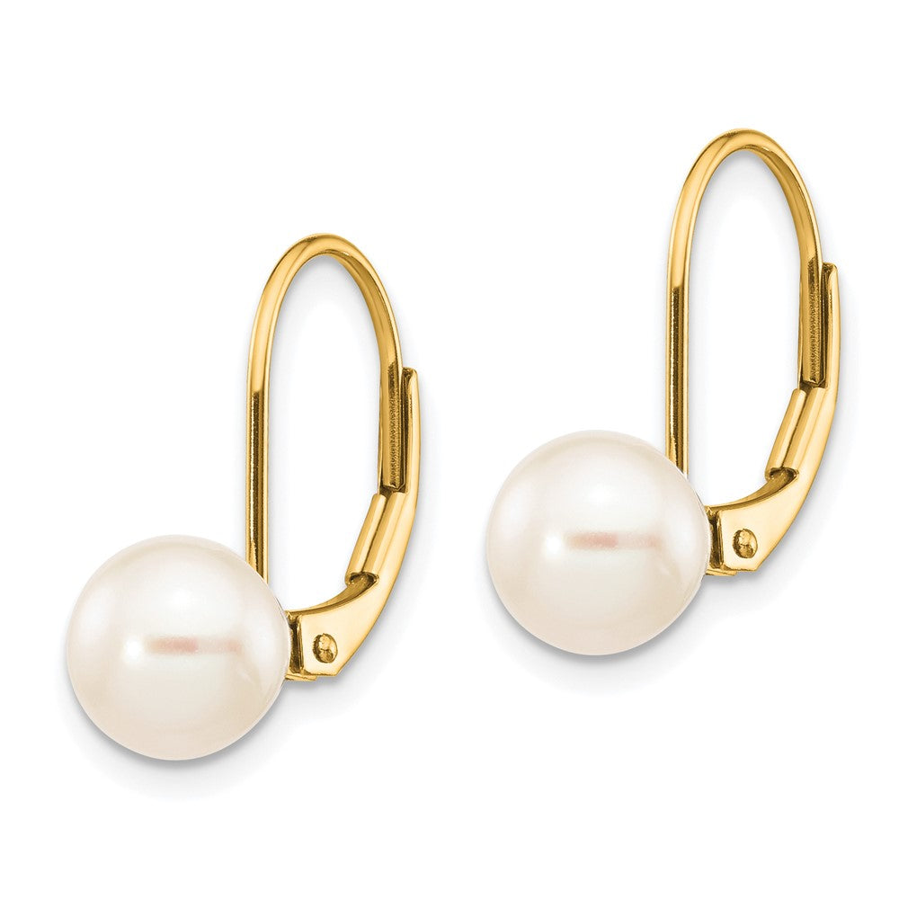 14K 7- White Round Freshwater Cultured Pearl Leverback Earrings