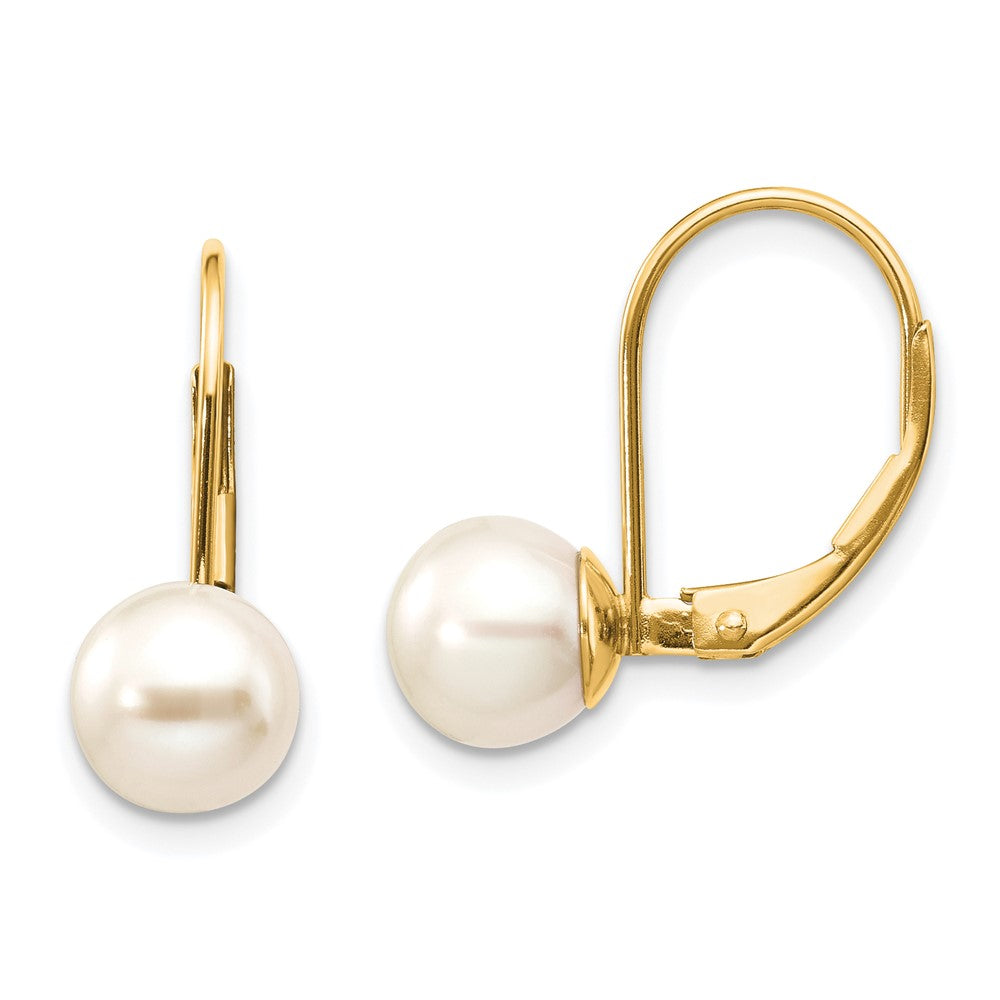 14K 7- White Round Freshwater Cultured Pearl Leverback Earrings