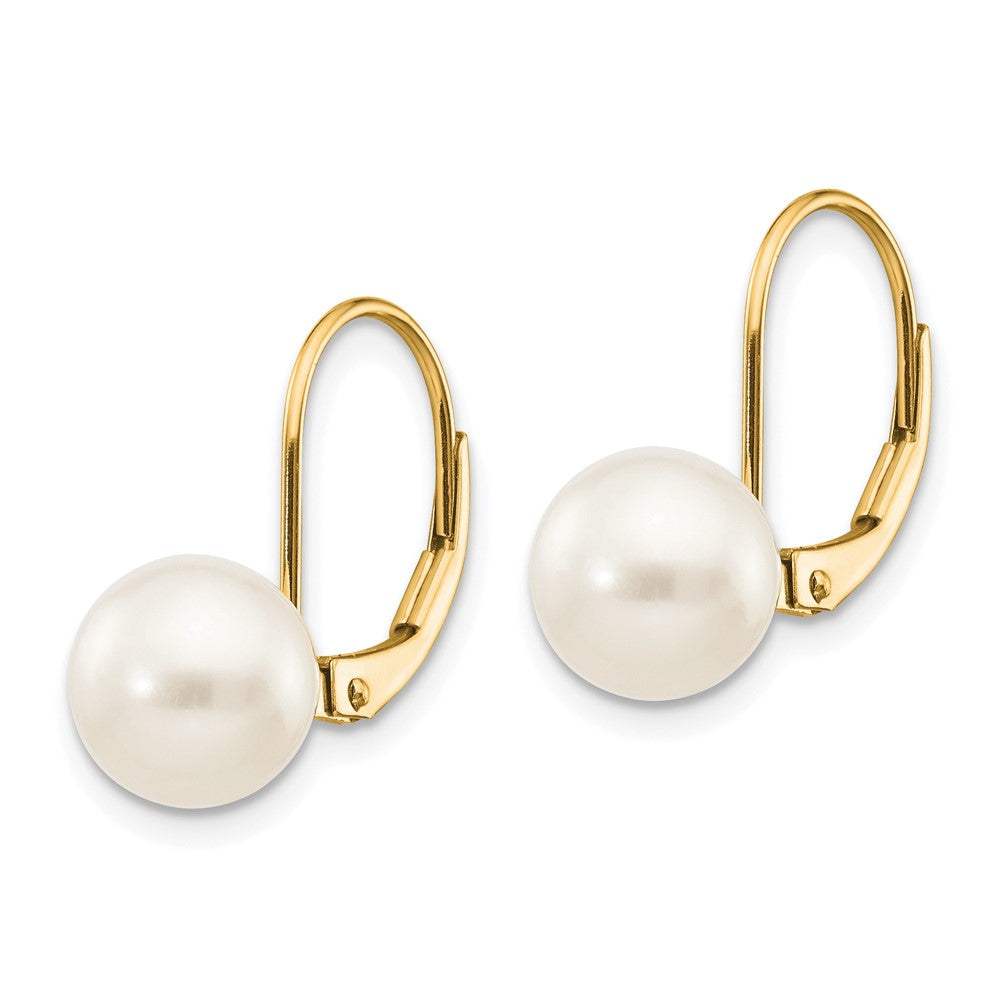 14K 8- White Round Freshwater Cultured Pearl Leverback Earrings