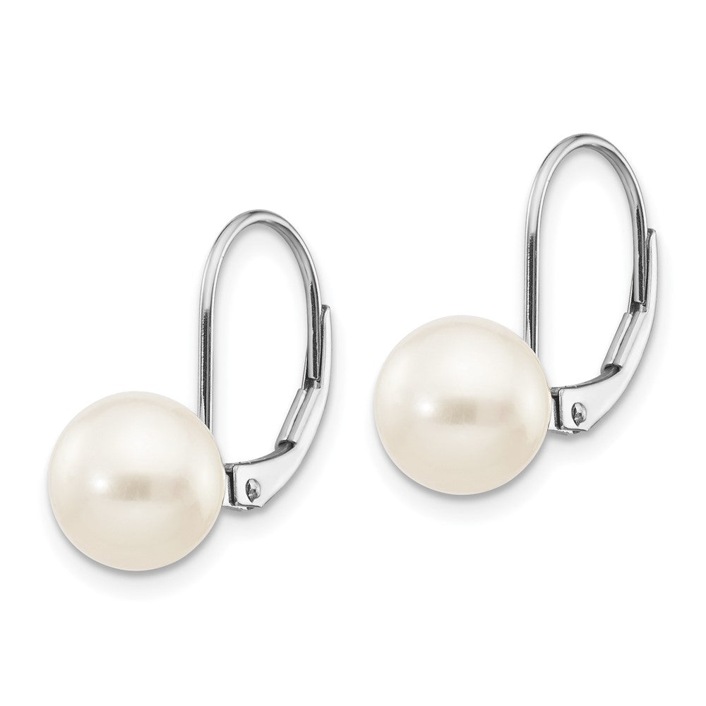 14k White Gold 8- Round Freshwater Cultured Pearl Leverback Earrings