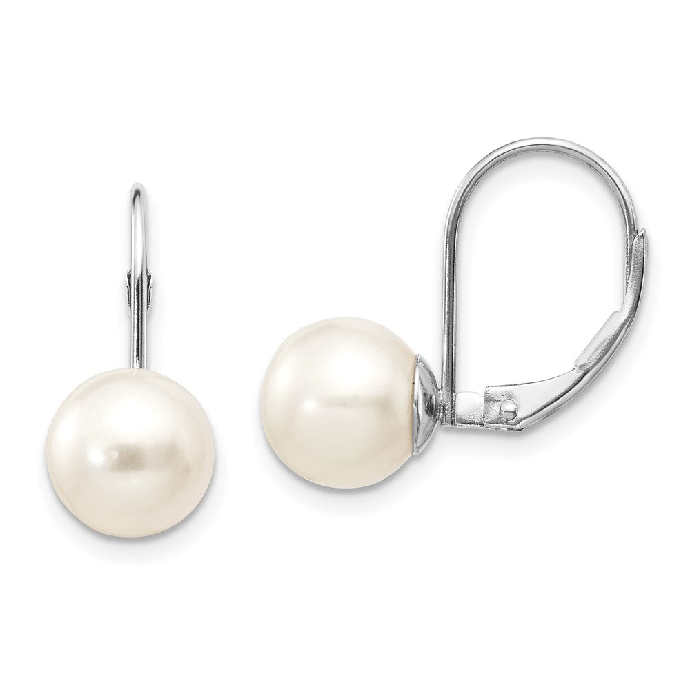 14k White Gold 8- Round Freshwater Cultured Pearl Leverback Earrings