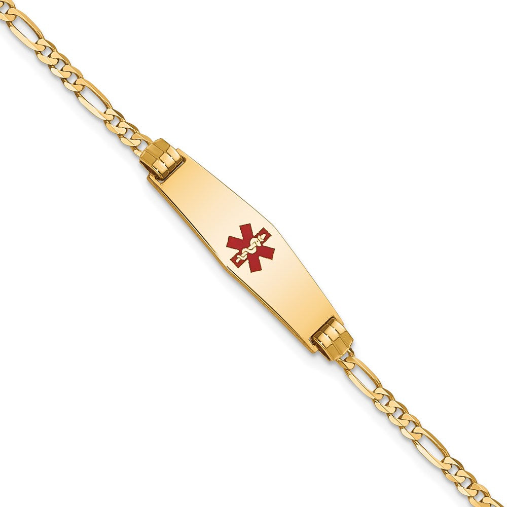 14K Medical Solid Chain/Solid Plate 24x Soft Diamond Shape Centered Red Enamel Figaro Link ID Bracelet