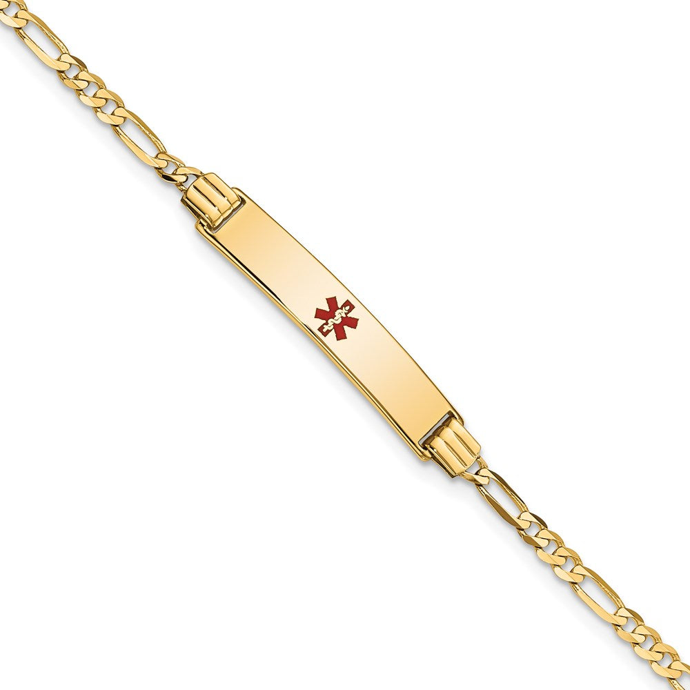 14K Medical Solid Chain/Solid Plate 26x Centered Red Enamel Figaro Link ID Bracelet
