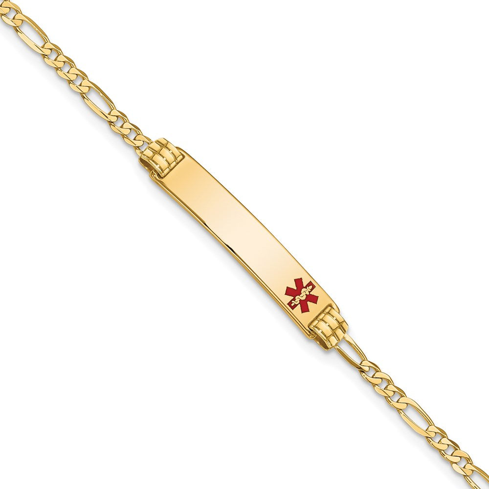 14K Medical Solid Chain/Solid Plate 26x Off-Center Red Enamel Figaro Link ID Bracelet