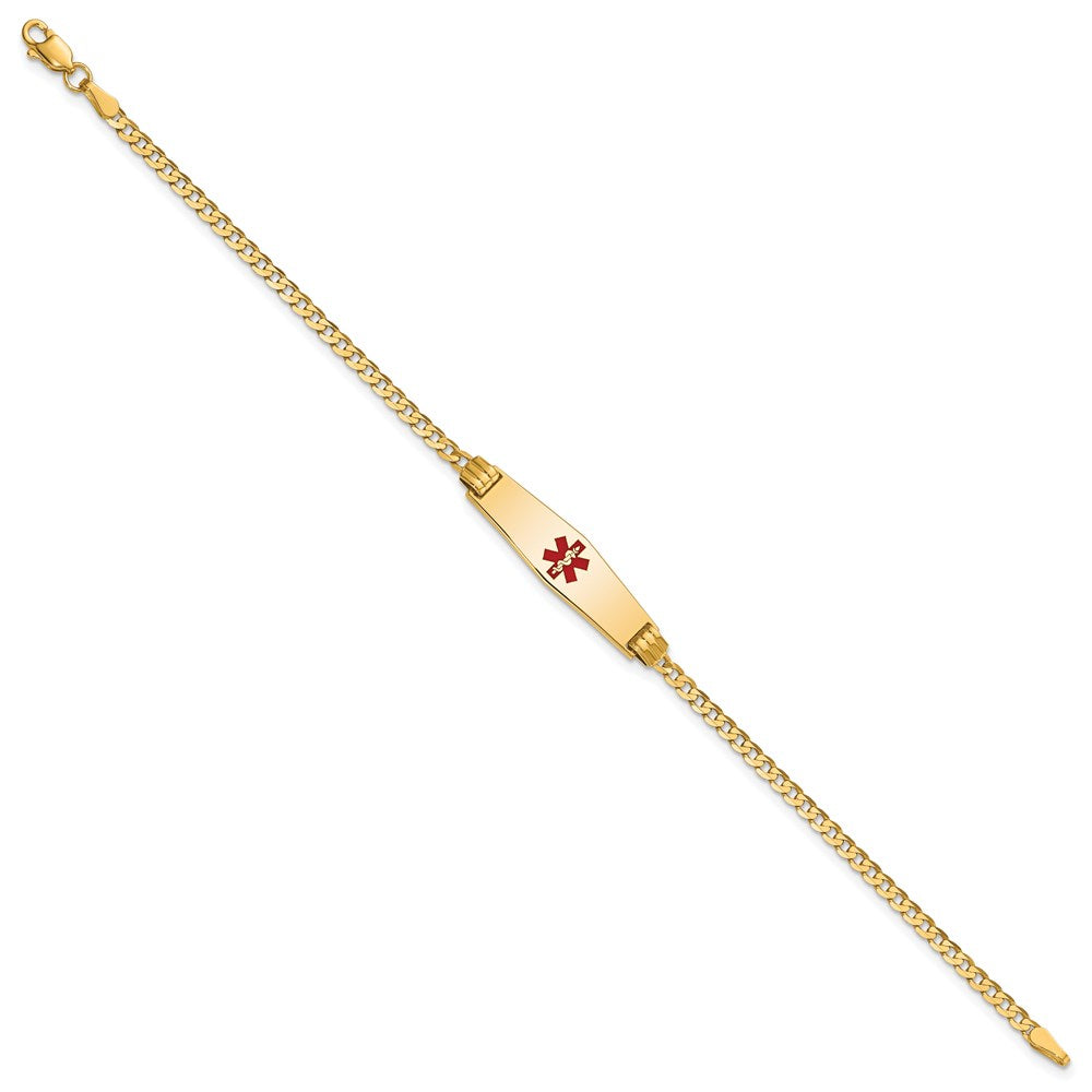 14K Medical Solid Chain/Solid Plate 24x Soft Diamond Shape Centered Red Enamel Curb Link ID Bracelet