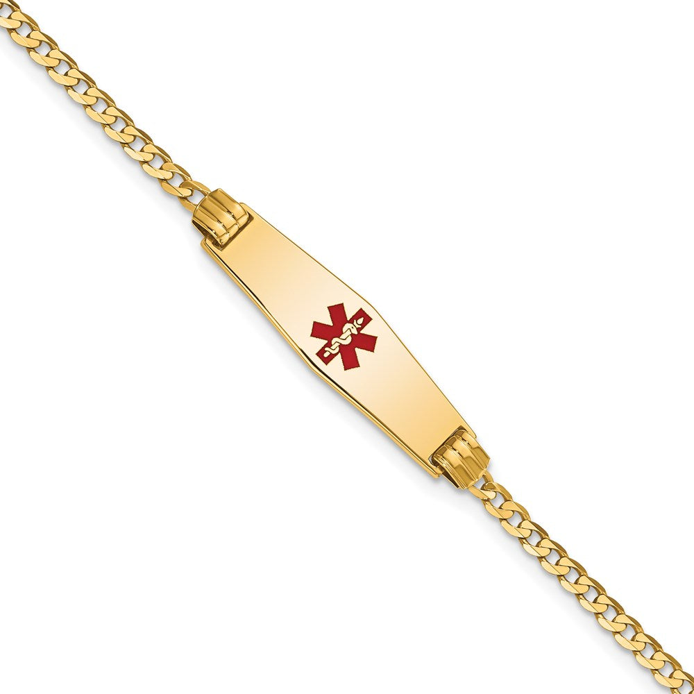 14K Medical Solid Chain/Solid Plate 24x Soft Diamond Shape Centered Red Enamel Curb Link ID Bracelet
