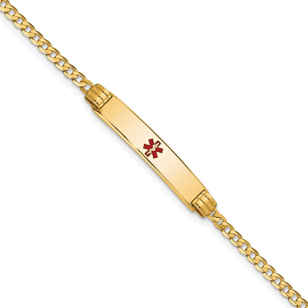 14K Medical Solid Chain/Solid Plate 26x Centered Red Enamel Curb Link ID Bracelet