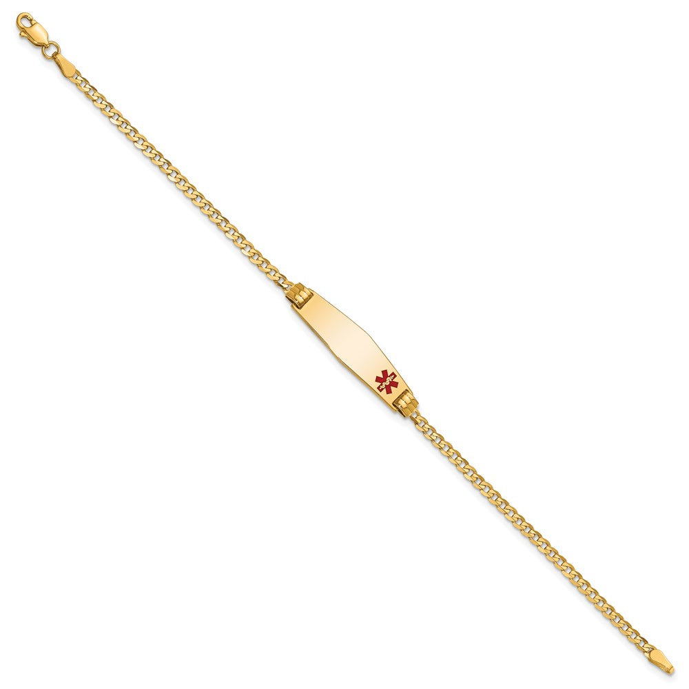 14K Medical Solid Chain/Solid Plate 26x Soft Diamond Shape Off-Center Red Enamel Curb Link ID Bracelet