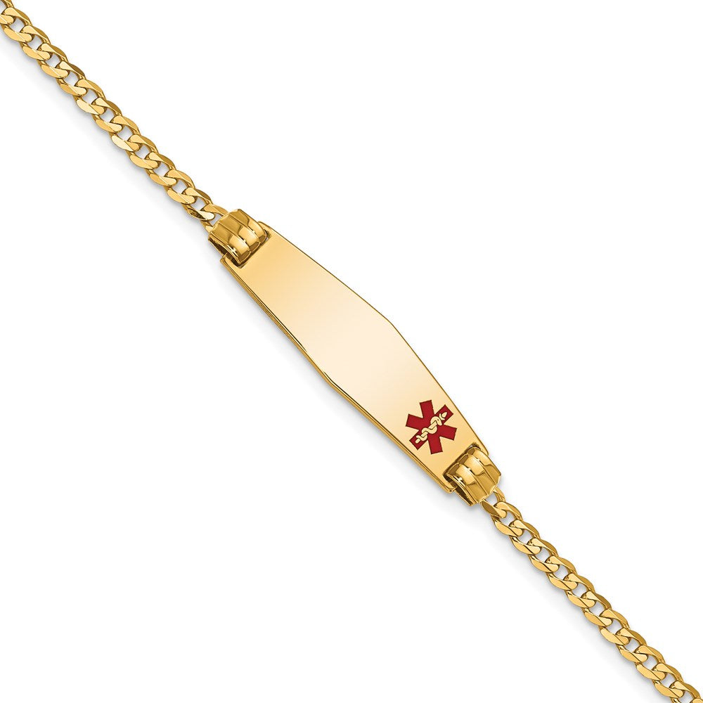 14K Medical Solid Chain/Solid Plate 26x Soft Diamond Shape Off-Center Red Enamel Curb Link ID Bracelet