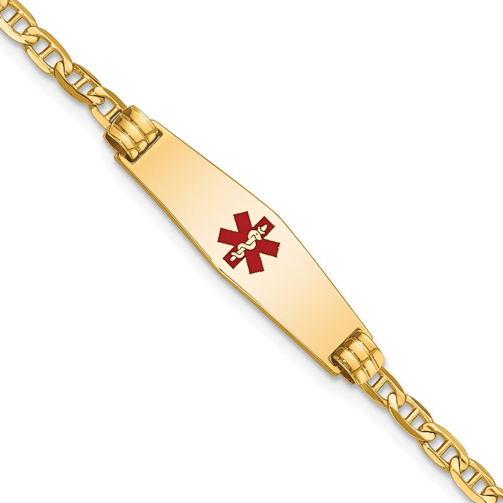 14K Medical Solid Chain/Solid Plate 25x Soft Diamond Shape Centered Red Enamel Anchor Link Baby/Child ID Bracelet