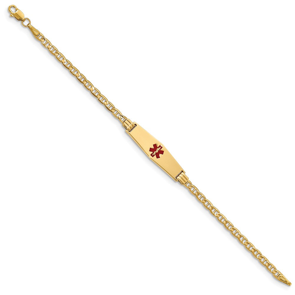 14K Medical Solid Chain/Solid Plate 25x Soft Diamond Shape Centered Red Enamel Anchor Link ID Bracelet