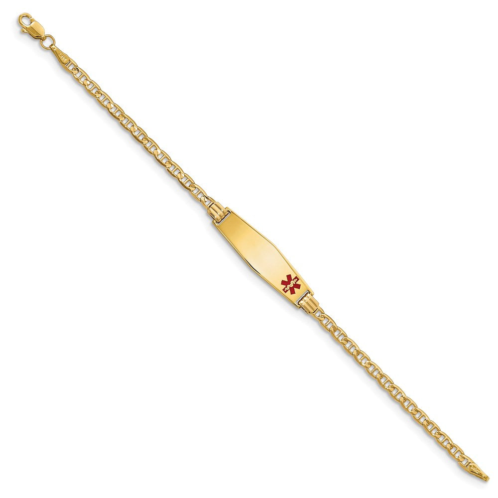 14K Medical Solid Chain/Solid Plate 26x Soft Diamond Shape Off-Center Red Enamel Anchor Link ID Bracelet