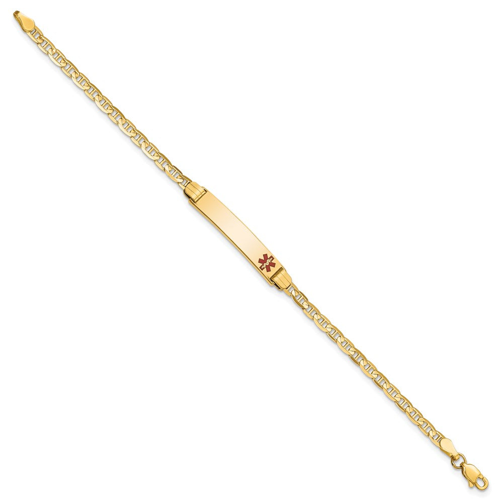 14K Medical Solid Chain/Solid Plate 26x Off-Center Red Enamel Anchor Link ID Bracelet