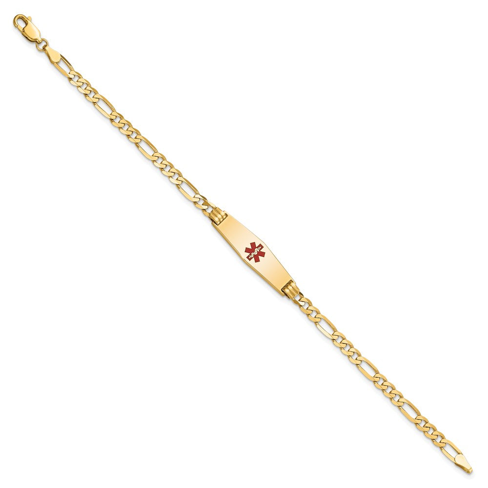 14K Medical Solid Chain/Solid Plate 24x Soft Diamond Shape Centered Red Enamel Figaro Link ID Bracelet