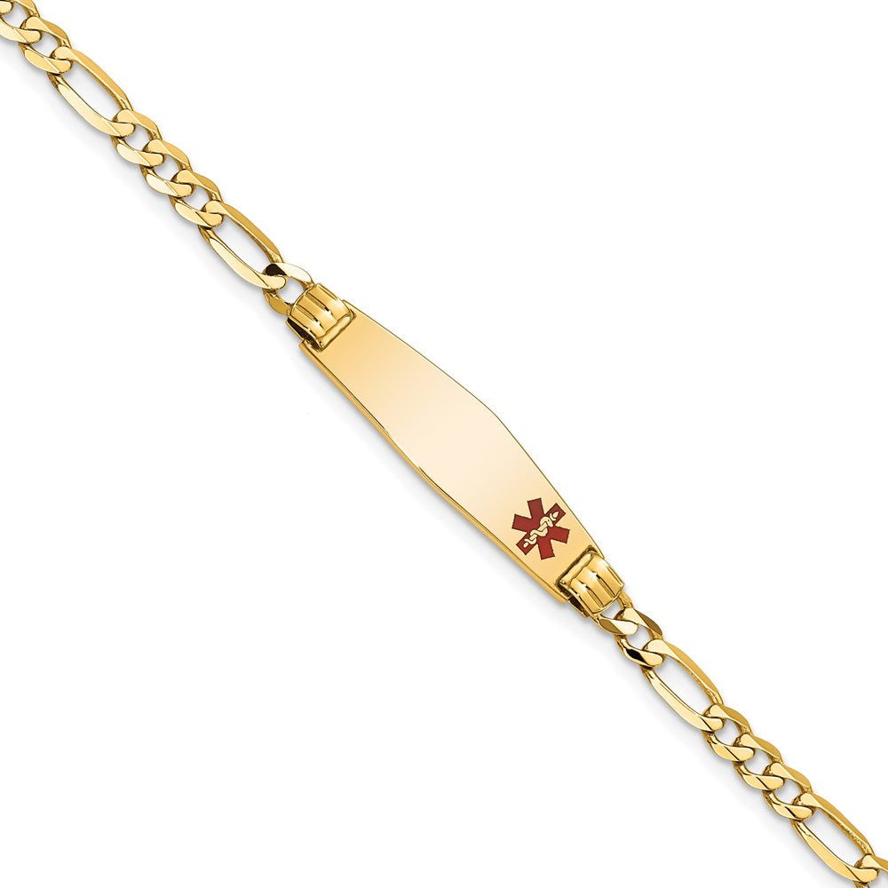 14K Medical Solid Chain/Solid Plate 26x Soft Diamond Shape Off-Center Red Enamel Figaro Link ID Bracelet