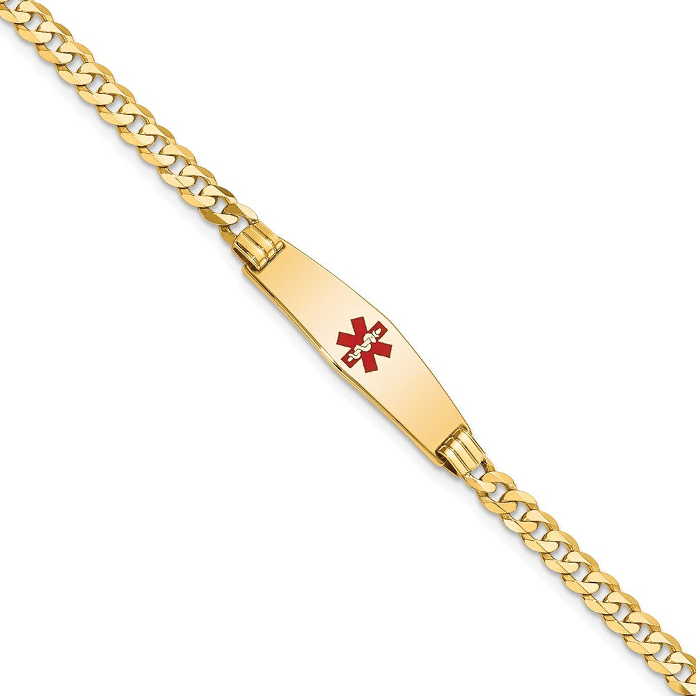 14K Medical Solid Chain/Solid Plate 24x Soft Diamond Shape Centered Red Enamel Curb Link ID Bracelet