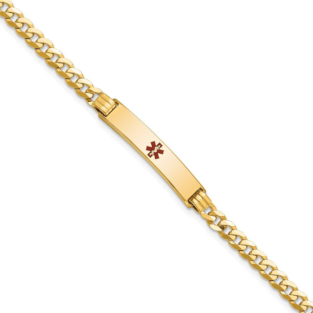 14K Medical Solid Chain/Solid Plate 26x Centered Red Enamel Curb Link ID Bracelet