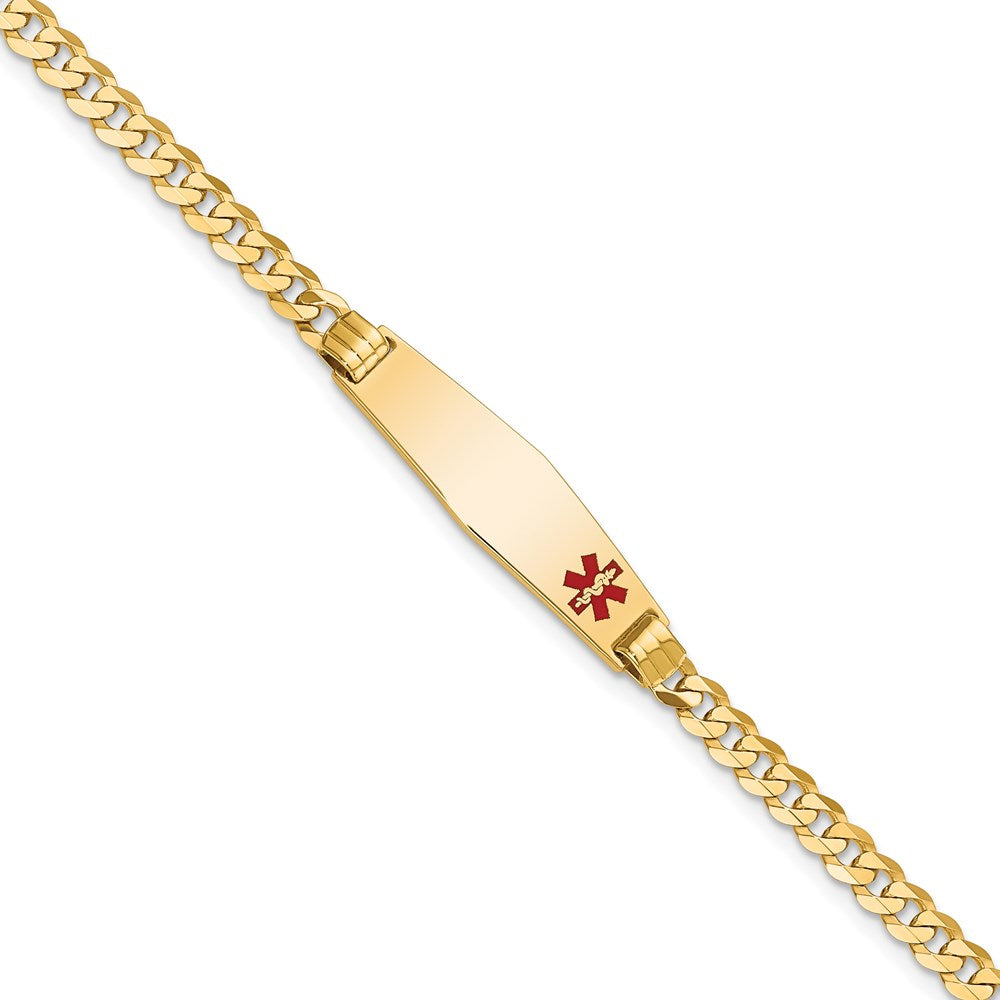 14K Medical Solid Chain/Solid Plate 26x Soft Diamond Shape Off-Center Red Enamel Curb Link ID Bracelet
