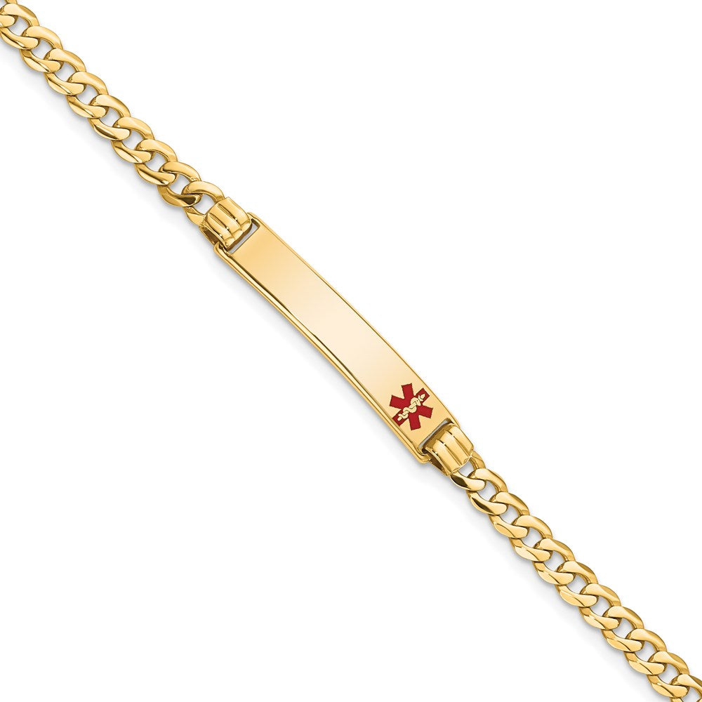 14K Medical Solid Chain/Solid Plate 26x Off-Center Red Enamel Curb Link ID Bracelet
