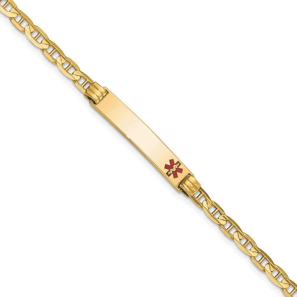 14K Medical Solid Chain/Solid Plate 26x Off-Center Red Enamel Anchor Link ID Bracelet