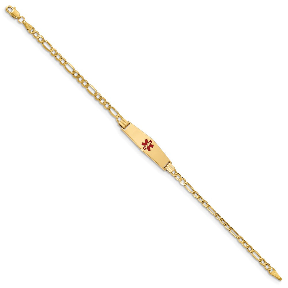 14K Medical Semi-Solid Chain/Solid Plate 26x Soft Diamond Shape Centered Red Enamel Figaro Link ID Bracelet
