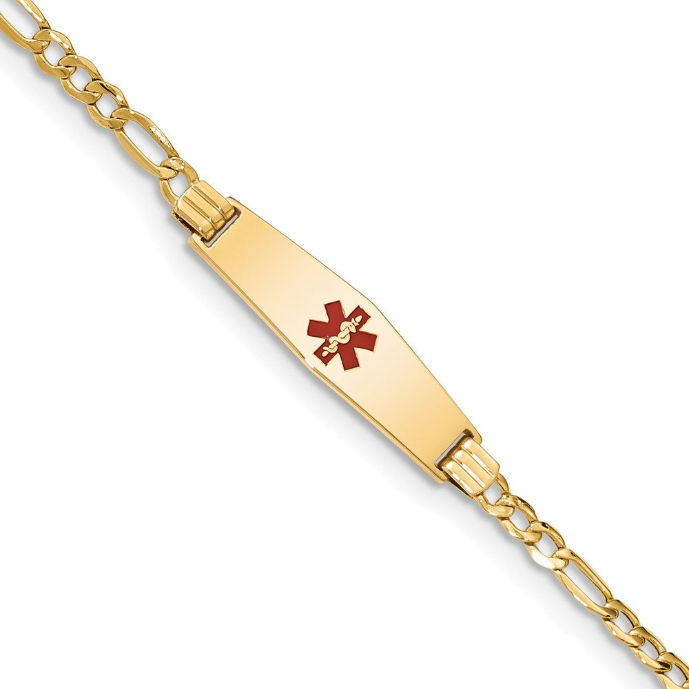 14K Medical Semi-Solid Chain/Solid Plate 26x Soft Diamond Shape Centered Red Enamel Figaro Link ID Bracelet