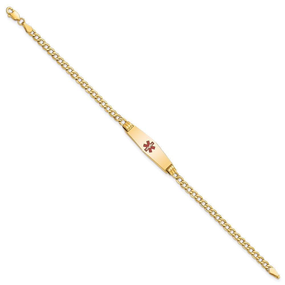 14K Medical Semi-Solid Chain/Solid Plate 26x Soft Diamond Shape Centered Red Enamel Cuban Link ID Bracelet