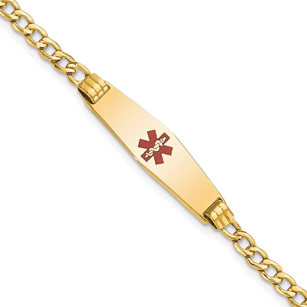 14K Medical Semi-Solid Chain/Solid Plate 26x Soft Diamond Shape Centered Red Enamel Cuban Link ID Bracelet