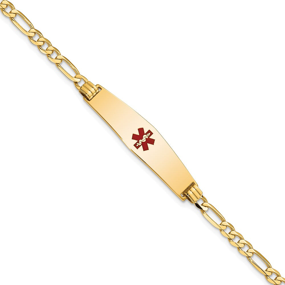 14K Medical Solid Chain/Solid Plate Soft Diamond Shape 33x Centered Red Enamel Flat Figaro Link ID Bracelet