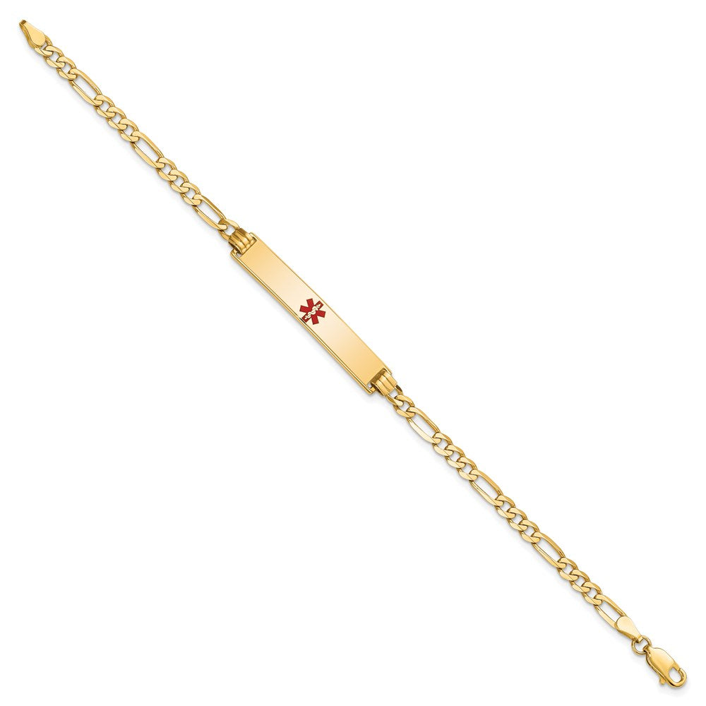 14K Medical Solid Chain/Solid Plate 34x Centered Red Enamel Flat Figaro Link ID Bracelet